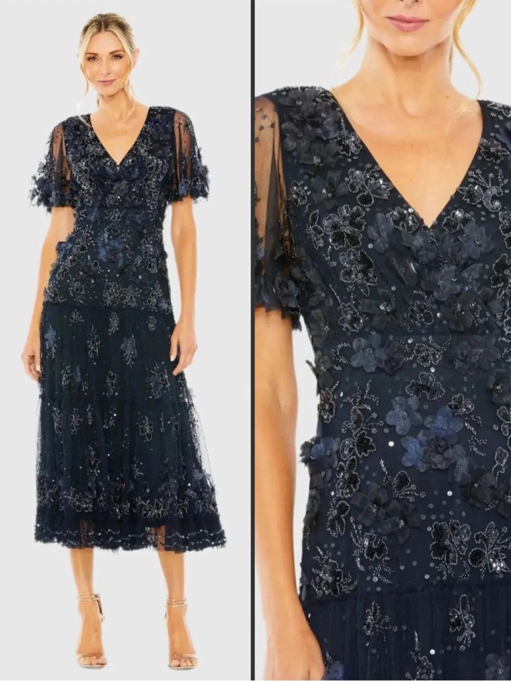 NWT MAC DUGGAL 9207 Navy Floral Embellished Flutter Sleeve Dress Size 8